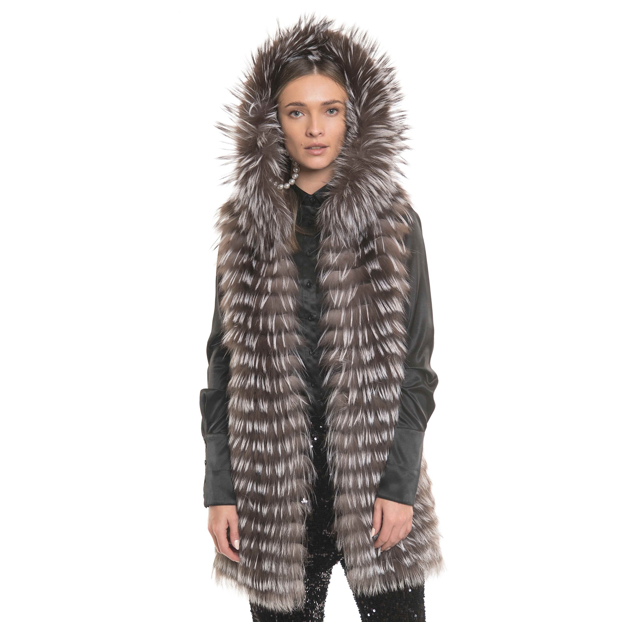 Alternative chef tricky Vesta blana naturala vulpe cu gluga, silver gray, 80cm