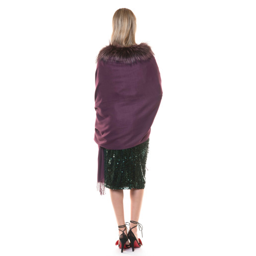 Cashmere sal/lana 100x200cm with natural fox fur, purple color 