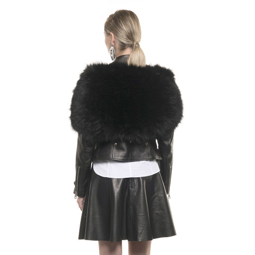 Jachetă de piele naturală cu accesoriu de blană naturală de vulpe, tip Biker, neagră