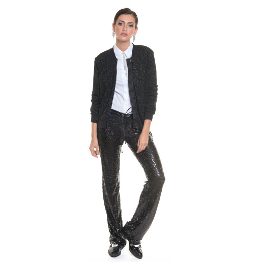 Pantaloni paiete negri cu vipusca de saten
