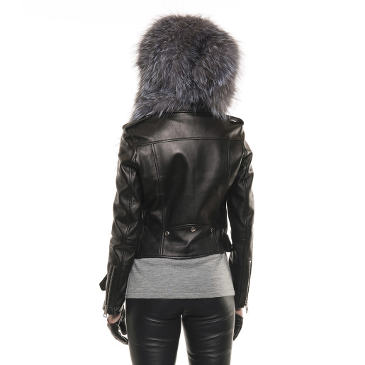 Jachetă de piele naturală cu glugă de blană naturală de vulpe , stil biker, Silver Gray