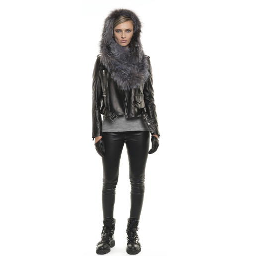 Jachetă de piele naturală cu glugă de blană naturală de vulpe , stil biker, Silver Gray