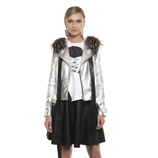 Jachetă de piele naturală, tip Biker, accesoriu de blană, deteșabilă, silver