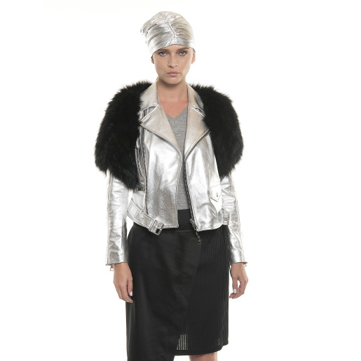 Jachetă de piele naturală, tip Biker, accesoriu de blană naturală de vulpe, detașabilă, silver