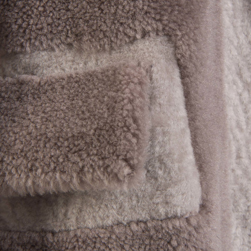 Palton dama de blană naturală de miel Merinos si lână, roz pudrat, 108 cm