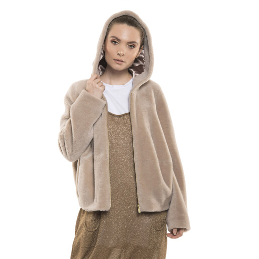Jacheta tip bomber, blană naturală miel, blana tip lana, culoare bej