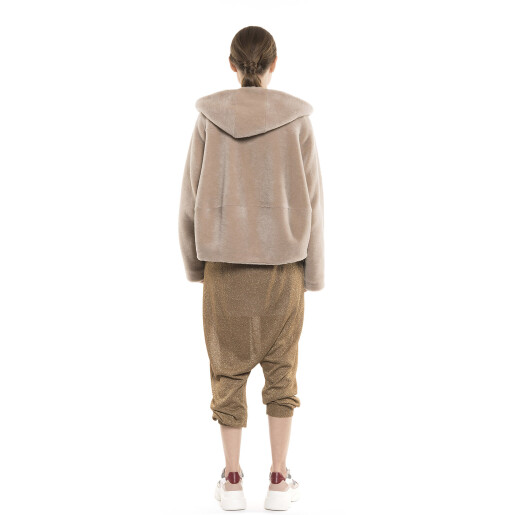 Jacheta tip bomber, blană naturală miel, blana tip lana, culoare bej