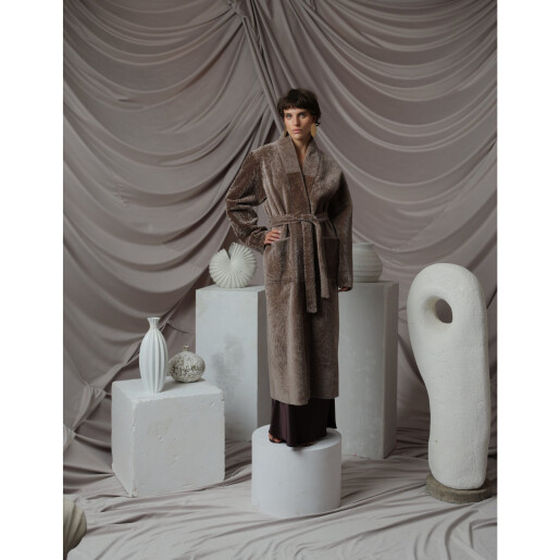 Palton blana miel South African tuns 3D, cordon, taupe, 115cm