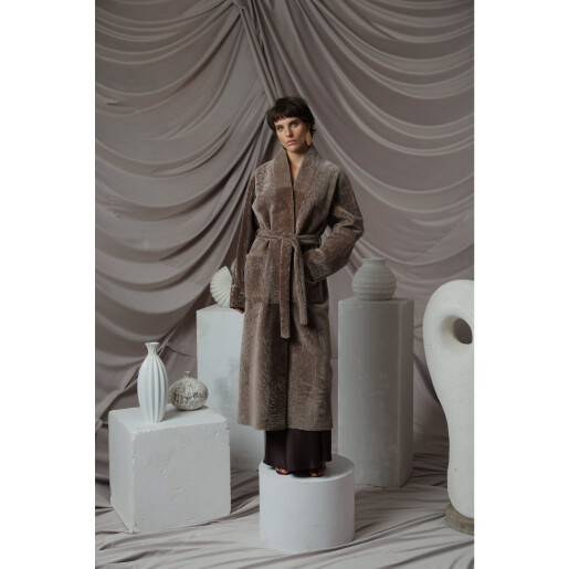Palton blana miel South African tuns 3D, cordon, taupe, 115cm