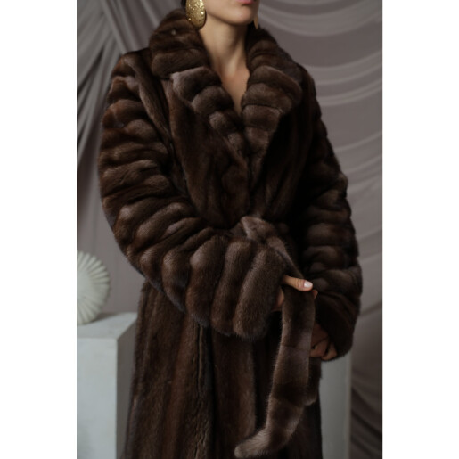 Palton blana naturala vizon, cu cordon, maro brun, 115cm