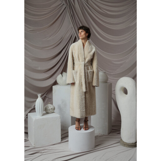 Palton shearling South African curly, cordon, crem, 115cm