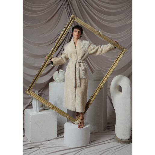 Palton shearling South African curly, cordon, crem, 115cm
