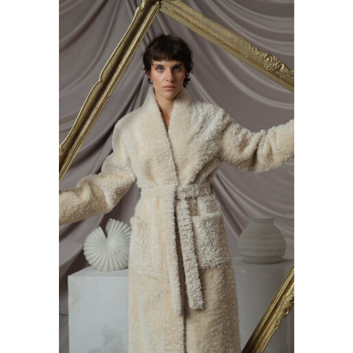 Palton shearling South African curly, cordon, crem, 115cm