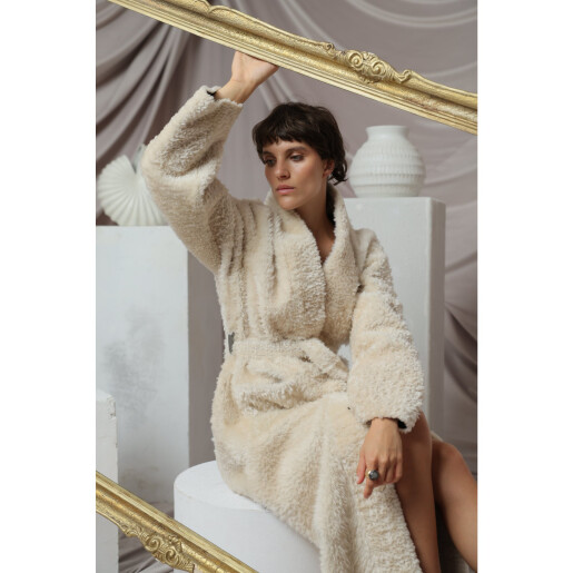 Palton shearling South African curly, cordon, crem, 115cm