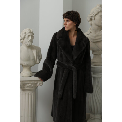 Palton blana naturala vizon, cu cordon, gunmetall, 110cm