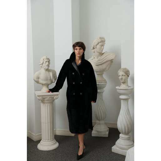 Palton shearling reversibil, rever dublu piele, negru, 110cm