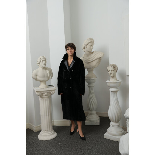 Palton shearling reversibil, rever dublu piele, negru, 110cm