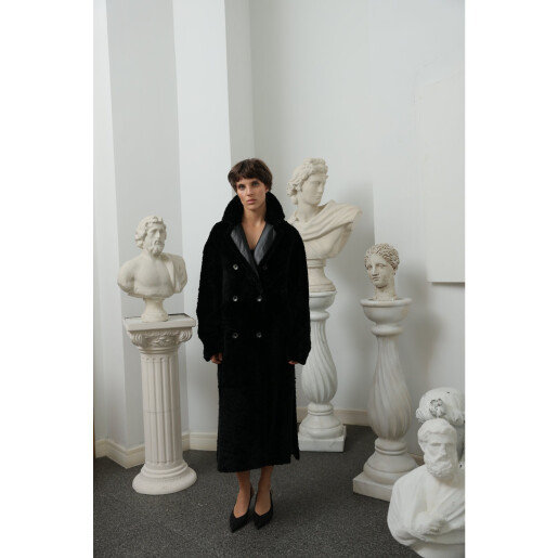 Palton shearling reversibil, rever dublu piele, negru, 110cm