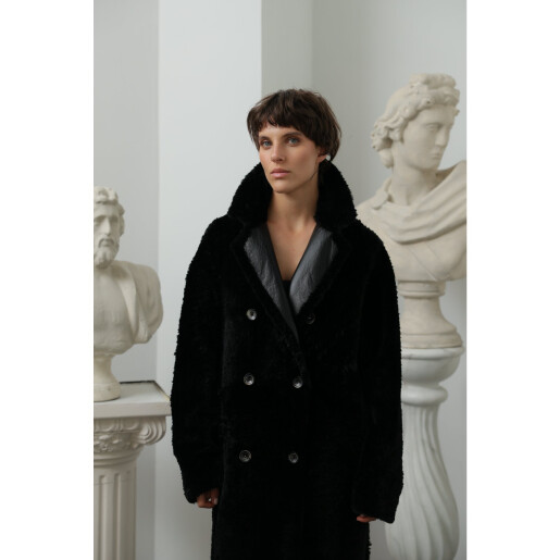 Palton shearling reversibil, rever dublu piele, negru, 110cm