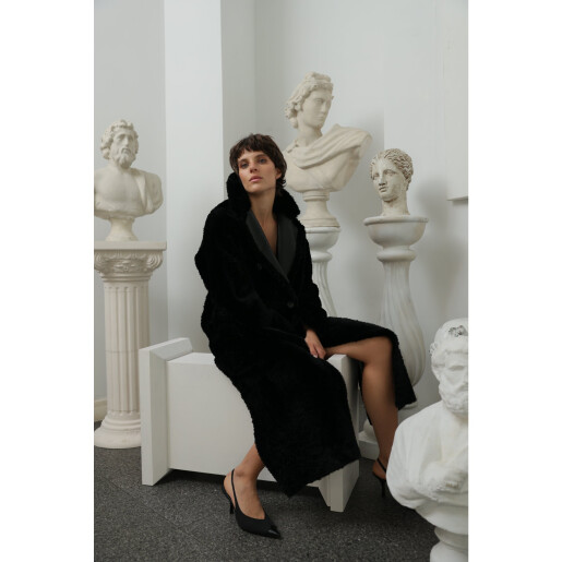 Palton shearling reversibil, rever dublu piele, negru, 110cm
