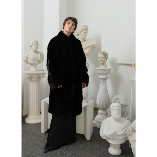 Haina lunga blana naturala vizon, oversized, negru, 100cm