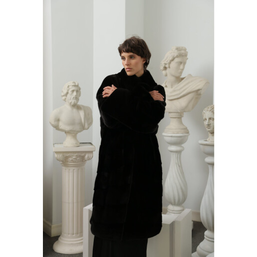 Haina lunga blana naturala vizon, oversized, negru, 100cm