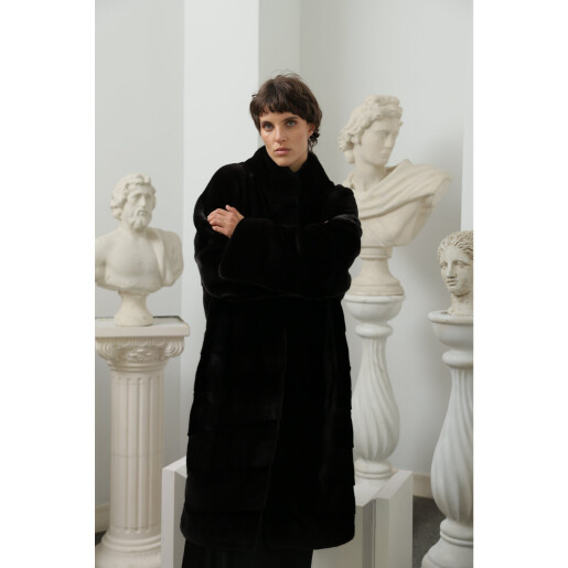 Haina lunga blana naturala vizon, oversized, negru, 100cm