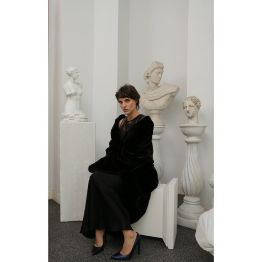 Haina lunga blana naturala vizon, oversized, negru, 100cm