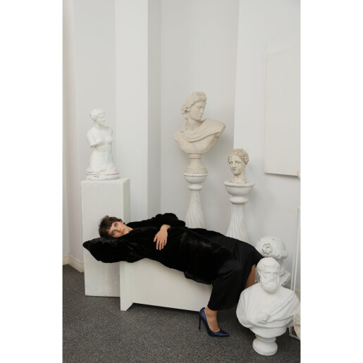 Haina lunga blana naturala vizon, oversized, negru, 100cm