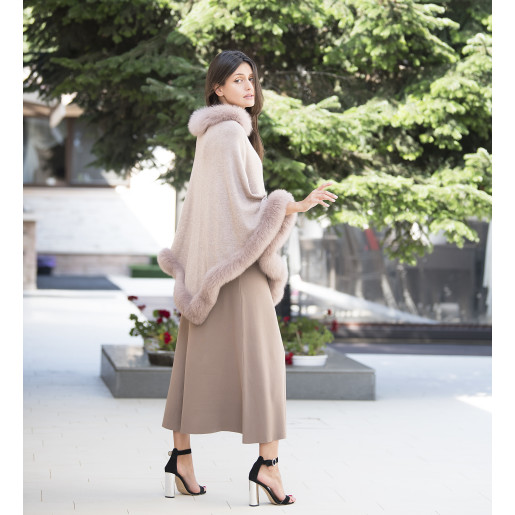 Capa tip Poncho lana 100% cu blana naturala vulpe, bej