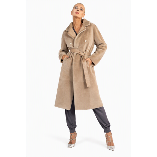 Palton shearling reversibil, bej, cucordon, 100cm