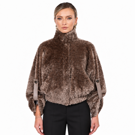 Jacheta scurta de South African shearling, tan taupe 3D, maneci 3/4, 50cm