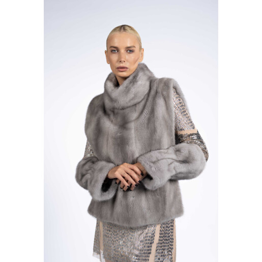 Vesta cu guler inalt si mansete blana naturala vizon, silver gray, 60cm