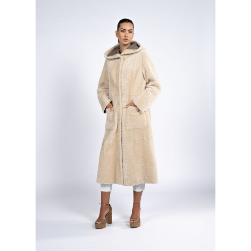 Palton shearling cu gluga, bej, 110cm