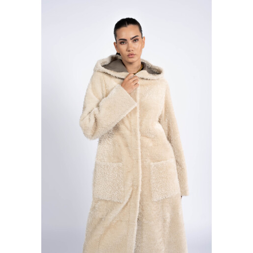 Palton shearling cu gluga, bej, 110cm