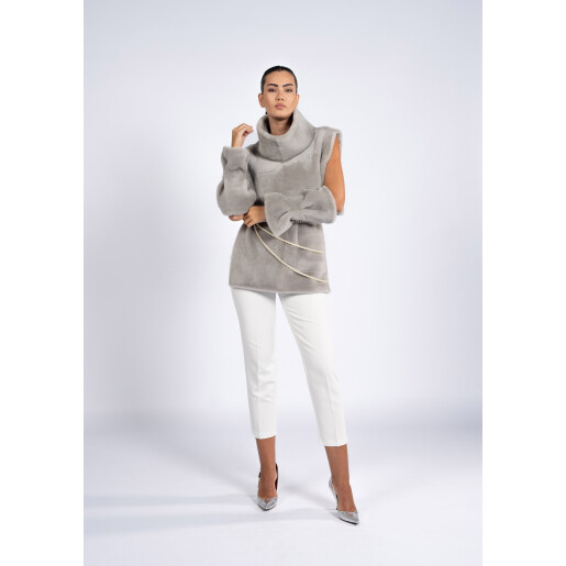 Vesta cu guler inalt si mansete, blana naturala vizon, gri, 60cm