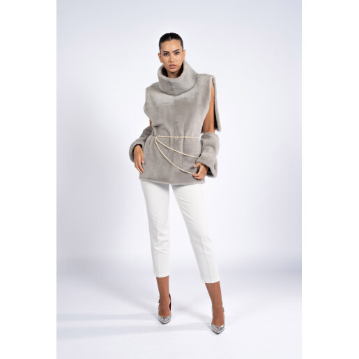 Vesta cu guler inalt si mansete, blana naturala vizon, gri, 60cm