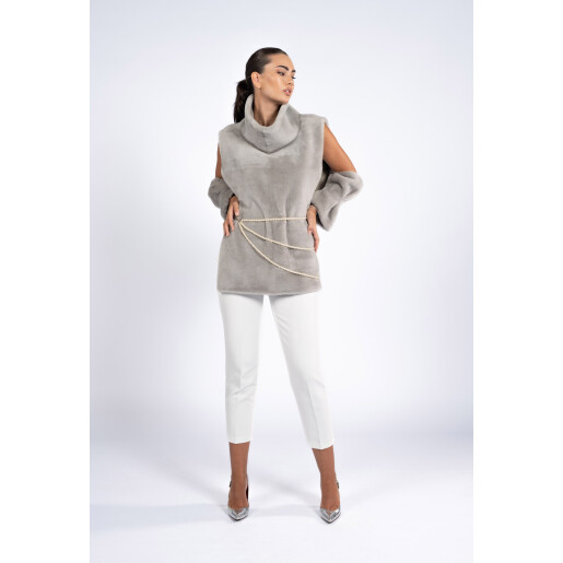 Vesta cu guler inalt si mansete, blana naturala vizon, gri, 60cm