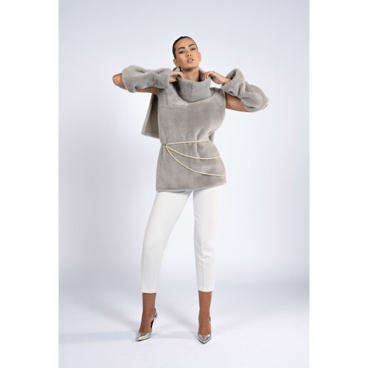 Vesta cu guler inalt si mansete, blana naturala vizon, gri, 60cm