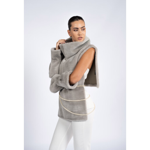 Vesta cu guler inalt si mansete, blana naturala vizon, gri, 60cm