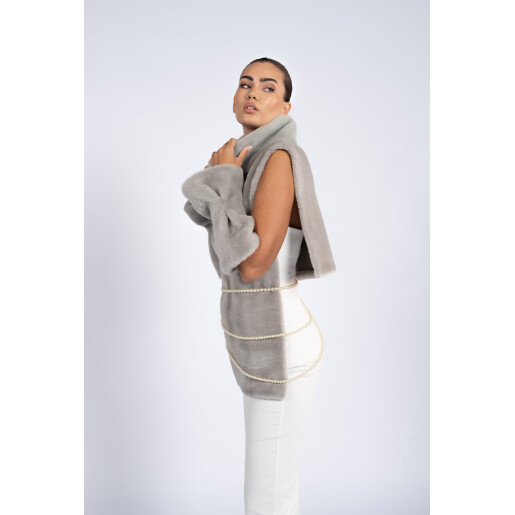 Vesta cu guler inalt si mansete, blana naturala vizon, gri, 60cm