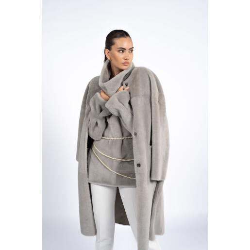 Palton reversibil cu cordon shearling, gri, 80cm