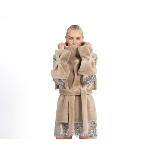 Set vesta cu guler inalt si mansete shearling, bej, 60cm