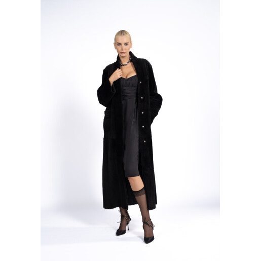Palton shearling cu cordon, reversibil, negru, 120cm