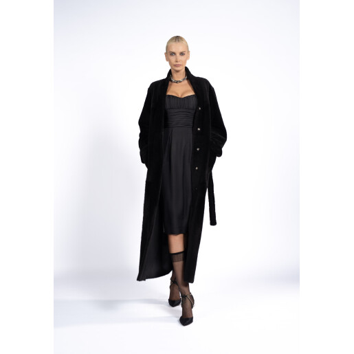 Palton shearling cu cordon, reversibil, negru, 120cm