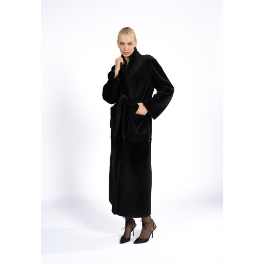 Palton shearling cu cordon, reversibil, negru, 120cm