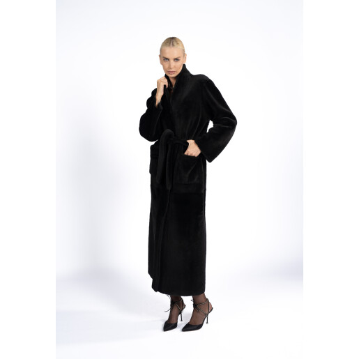 Palton lung shearling reversibil, negru, 120cm