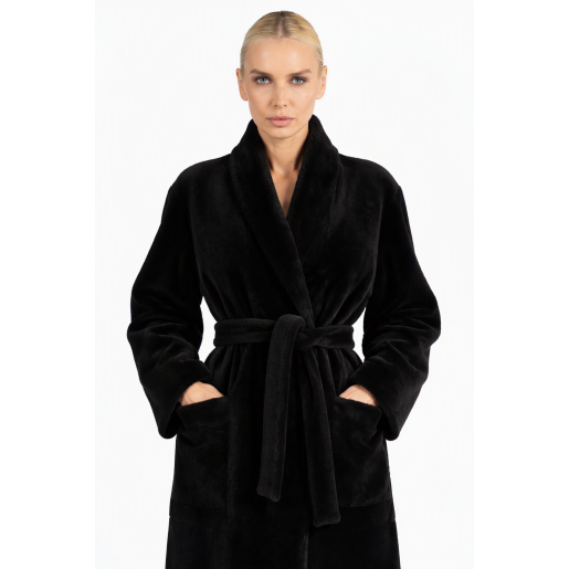 Palton lung shearling reversibil, negru, 120cm