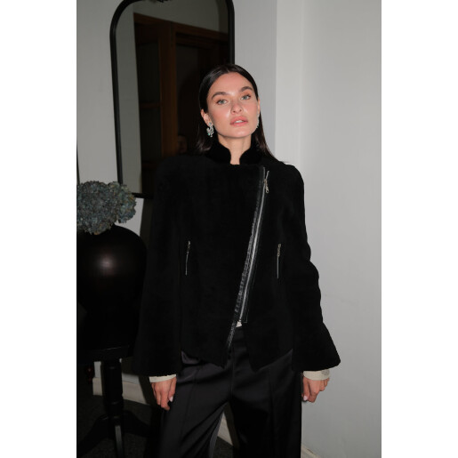 Jacheta sport shearling cu fermoar, negru, 50cm