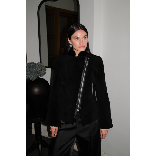 Jacheta sport shearling cu fermoar, negru, 50cm